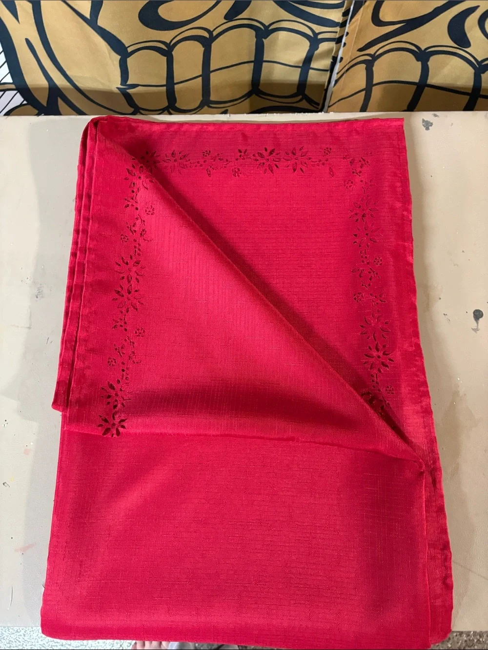 Red Cutwork Table Cloth 60”Wx120”L 8 Napkins - Red